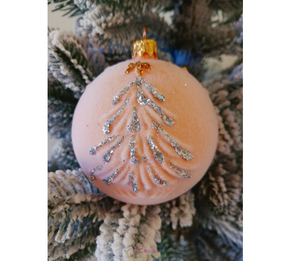 Новорічна куля в оксамиті "Ялинка" 80мм персикова, ціна за набір 4 шт